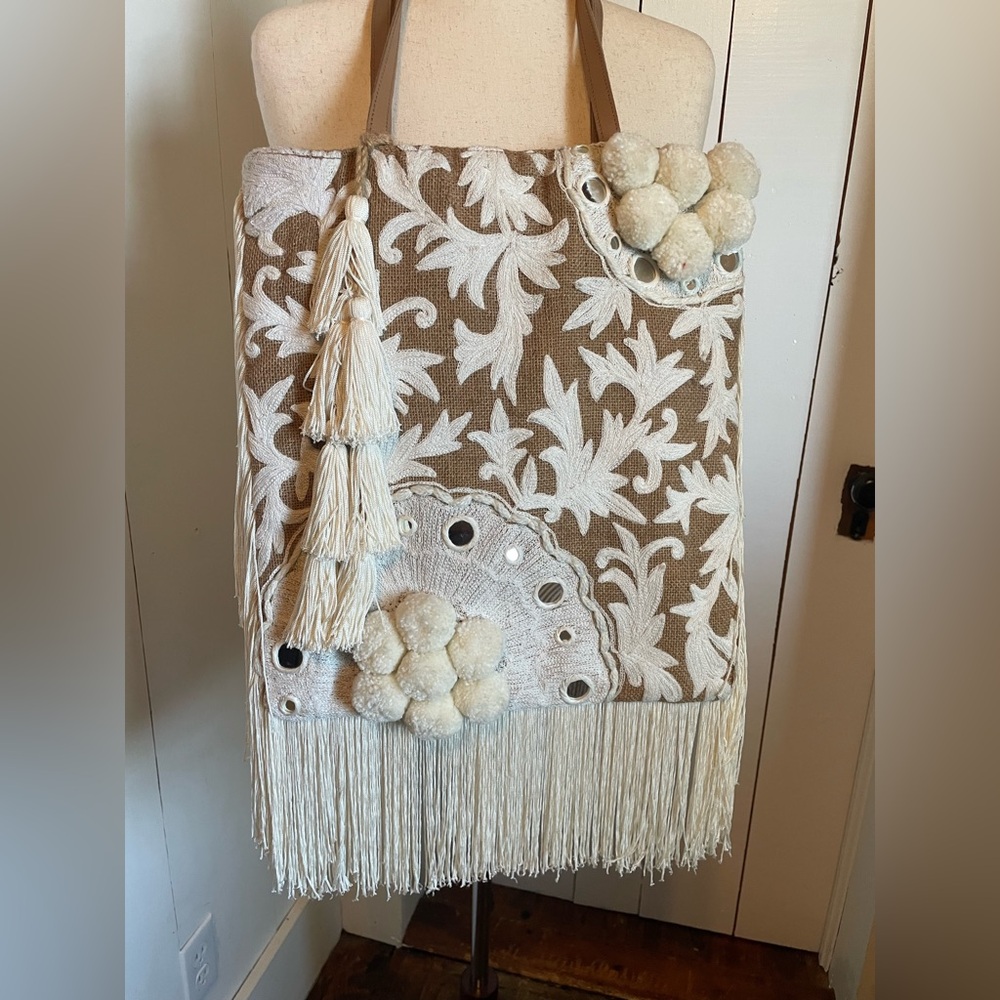 Bohemian Fringe and Burlap Tapestry Bag